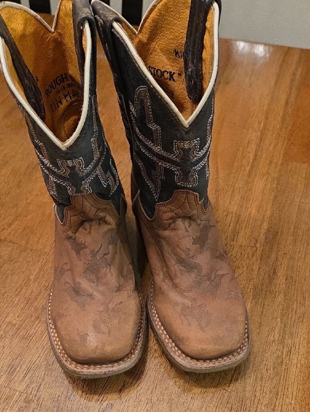 0Tin Haul Kids Brown & Navy Western Cowboy Boots With Bull Riders - Picture 2 of 3